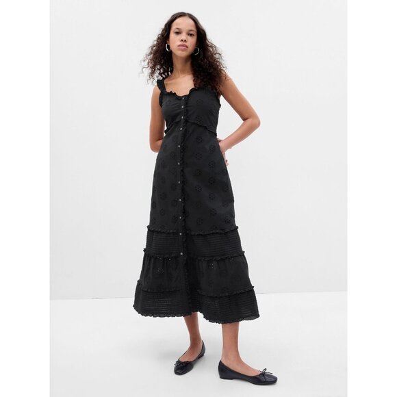 GAP Black Cotton Eyelet Voile Button Front Ruffle Hem A-Line Midi Dress, Size XS - Picture 1 of 14